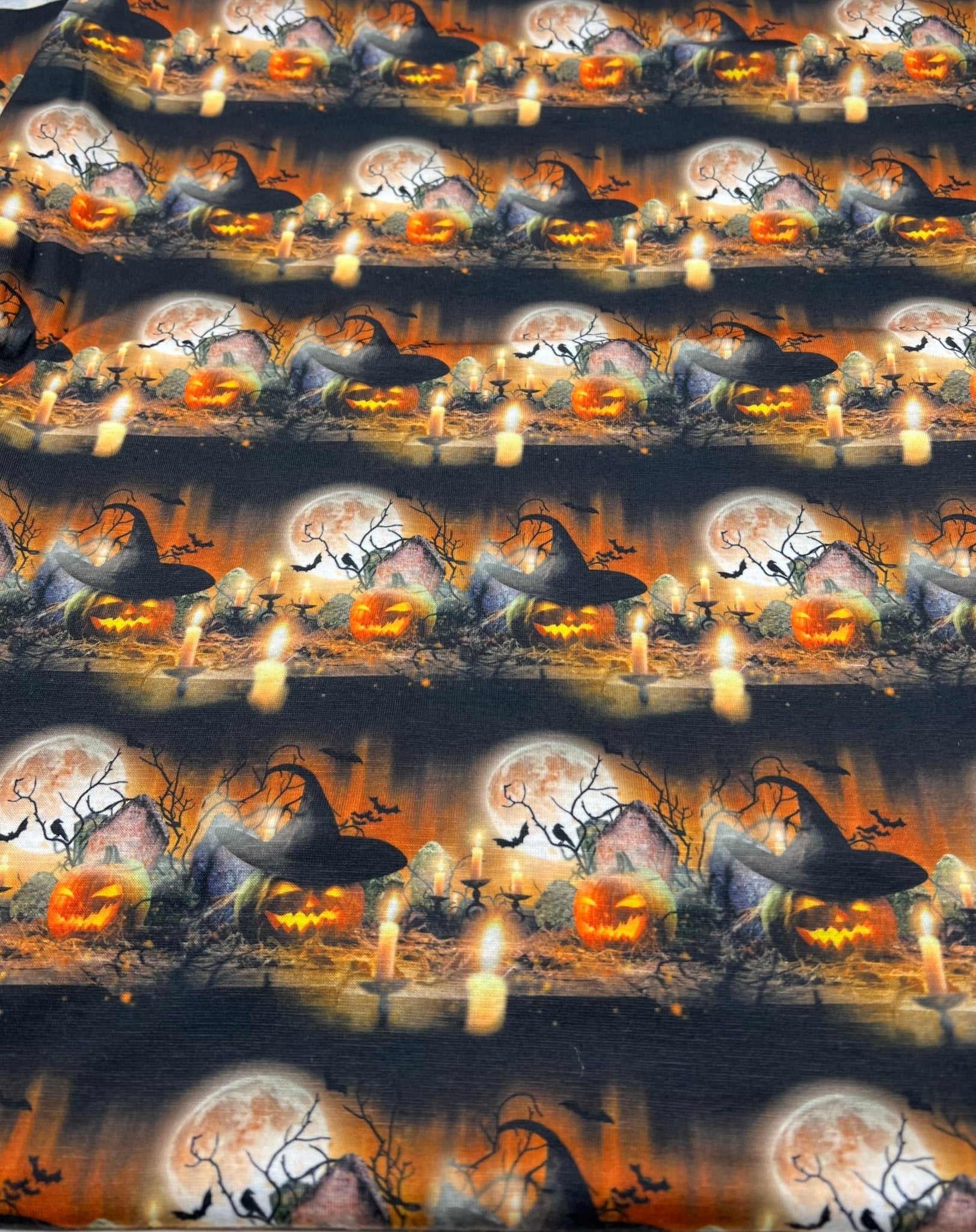 Halloween Pumpkin Candle Print Spun Poly Stretch Fabric - T9 Fabrics